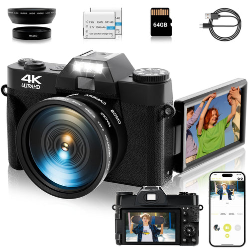 4K Digital Camera for Photography Autofocus 56MP 16X Digital Zoom with WiFi 3 180° Flip Screen Vlogging YouTube Video Students Compact Cameras with 2 Batteries 64GB Micro SD Card (Black)