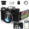 4K Digital Camera for Photography Autofocus 56MP 16X Digital Zoom with WiFi 3 180° Flip Screen Vlogging YouTube Video Students Compact Cameras with 2 Batteries 64GB Micro SD Card (Black)